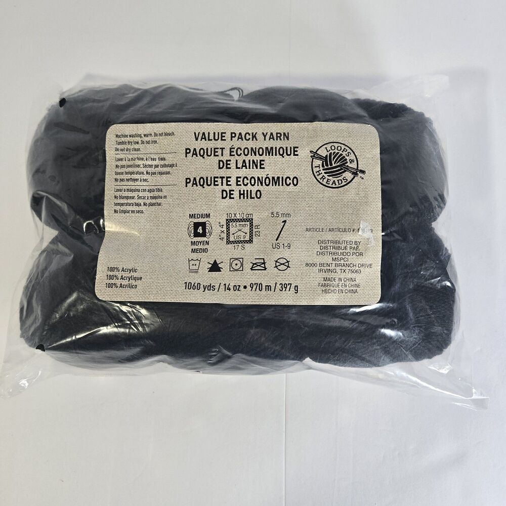 LOOPS & THREADS VALUE PACK YARN - Black - 14 OZ - 1060 Yards  - NEW in Pack